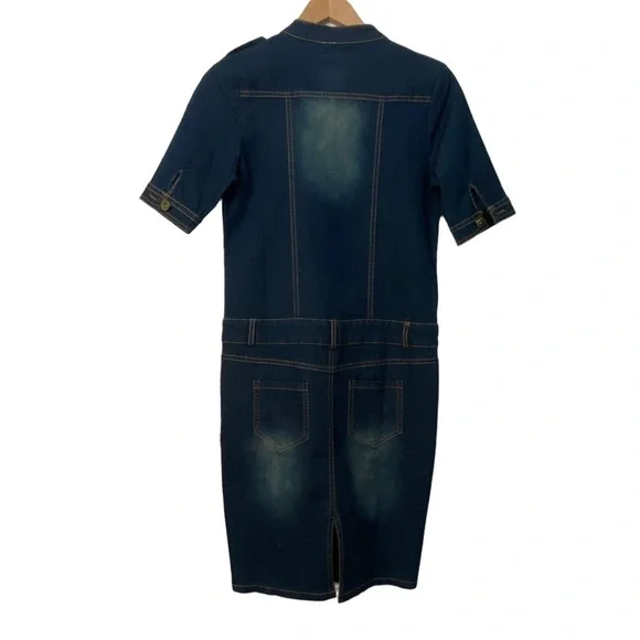 Mida denim mini dress lightweight distressed blue jeans button up closure small - Picture 4 of 16